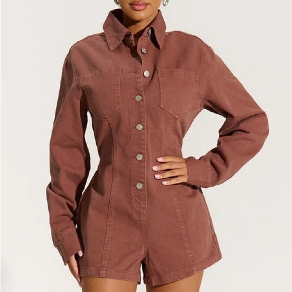 Naked Wardrobe The Denim Romper in Chocolate